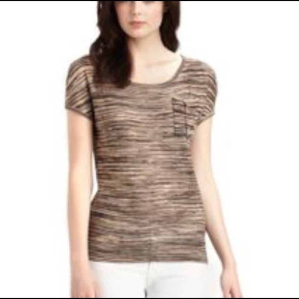 EUC! Qi Brown Stripe Scoop Neck Top w/ Pocket!